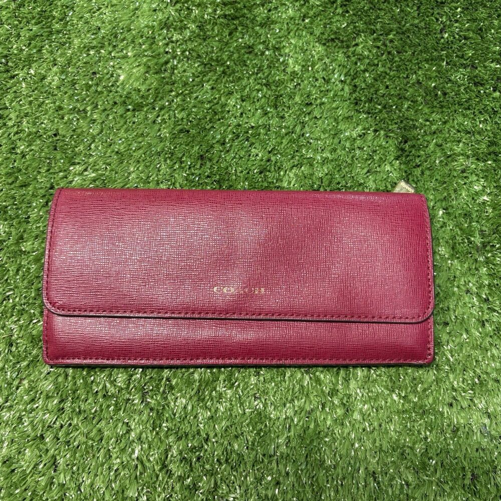 Womens Coach Saffiano Leather Slim Envelope Trifold Long Wallet in Ruby Pink